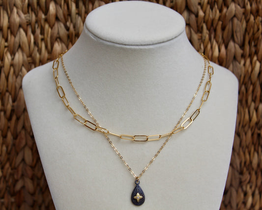 Gold Chain Necklace With Oxidized Sterling Drop