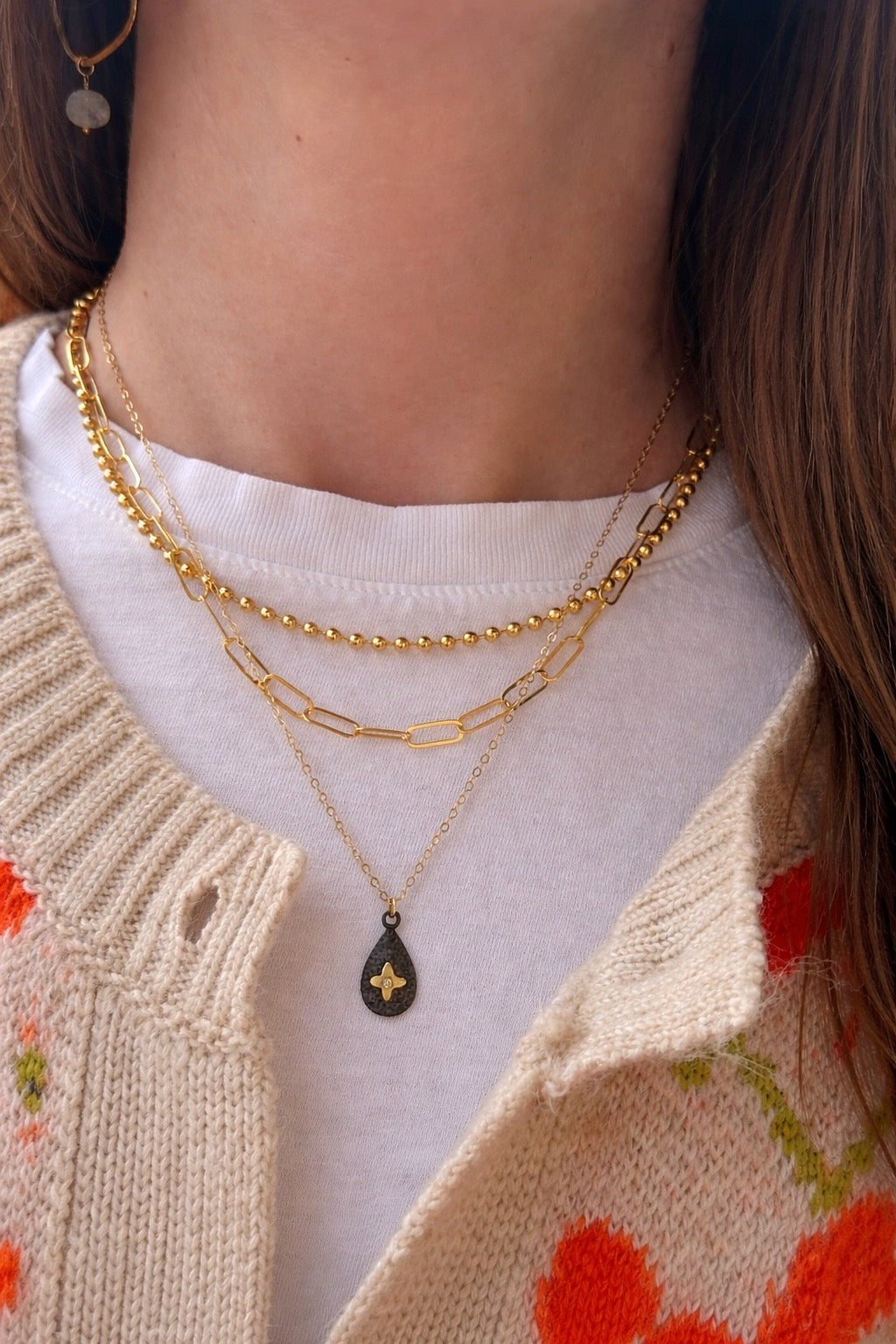 Gold Chain Necklace With Oxidized Sterling Drop
