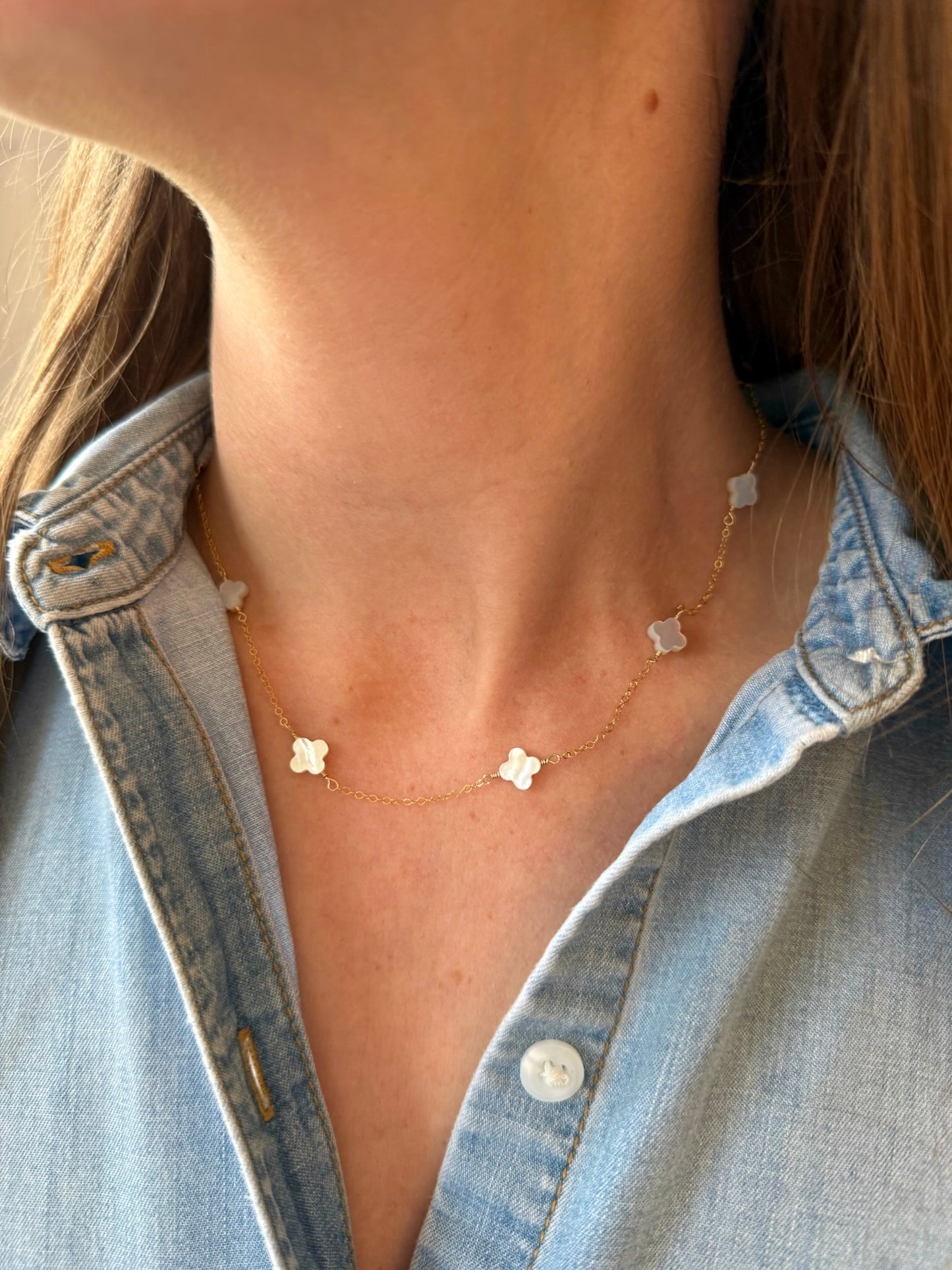 Mother of Pearl Clover Station Necklace