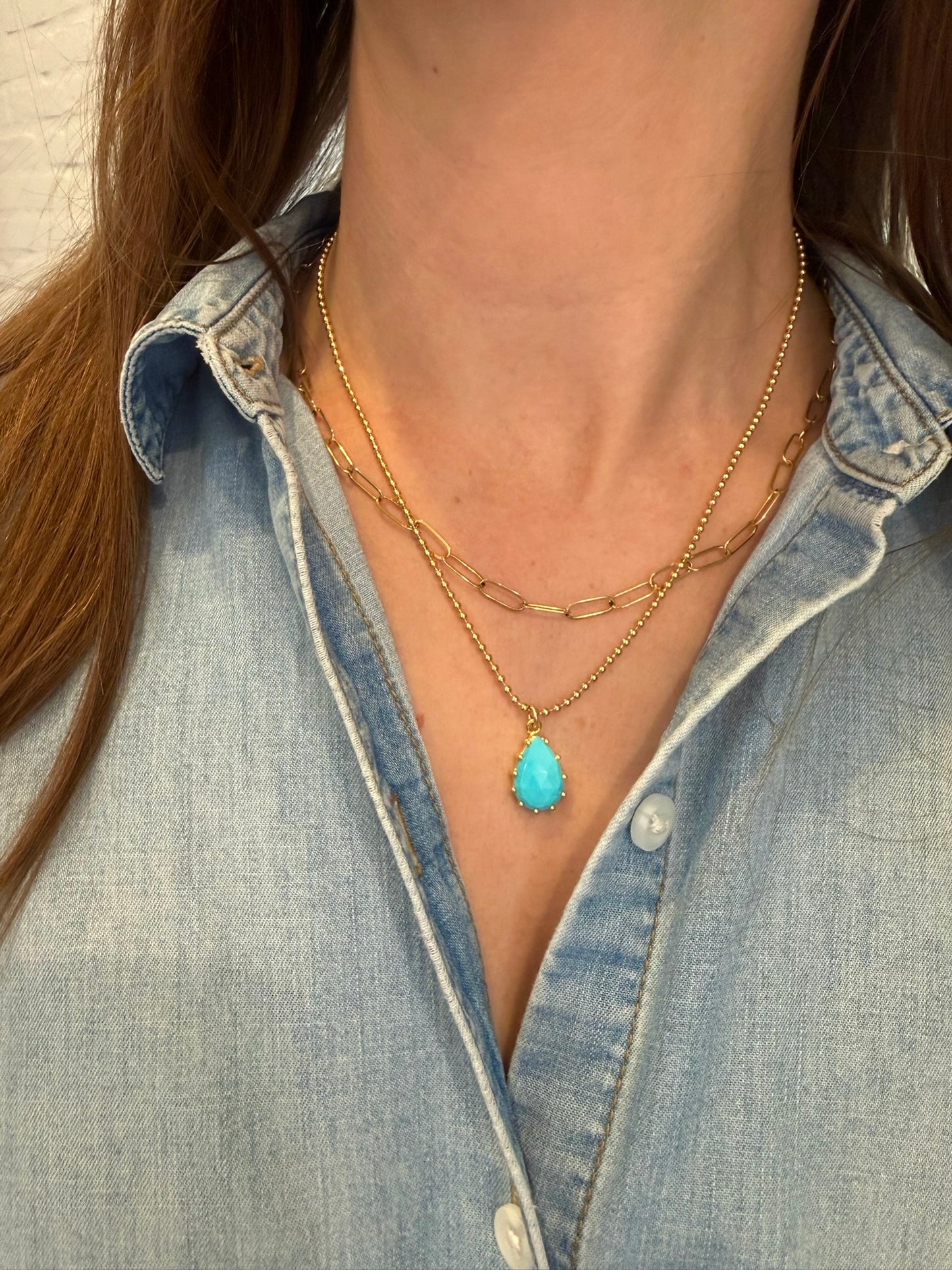 Sleeping Beauty Turquoise Teardrop Necklace - Gold Ball Chain