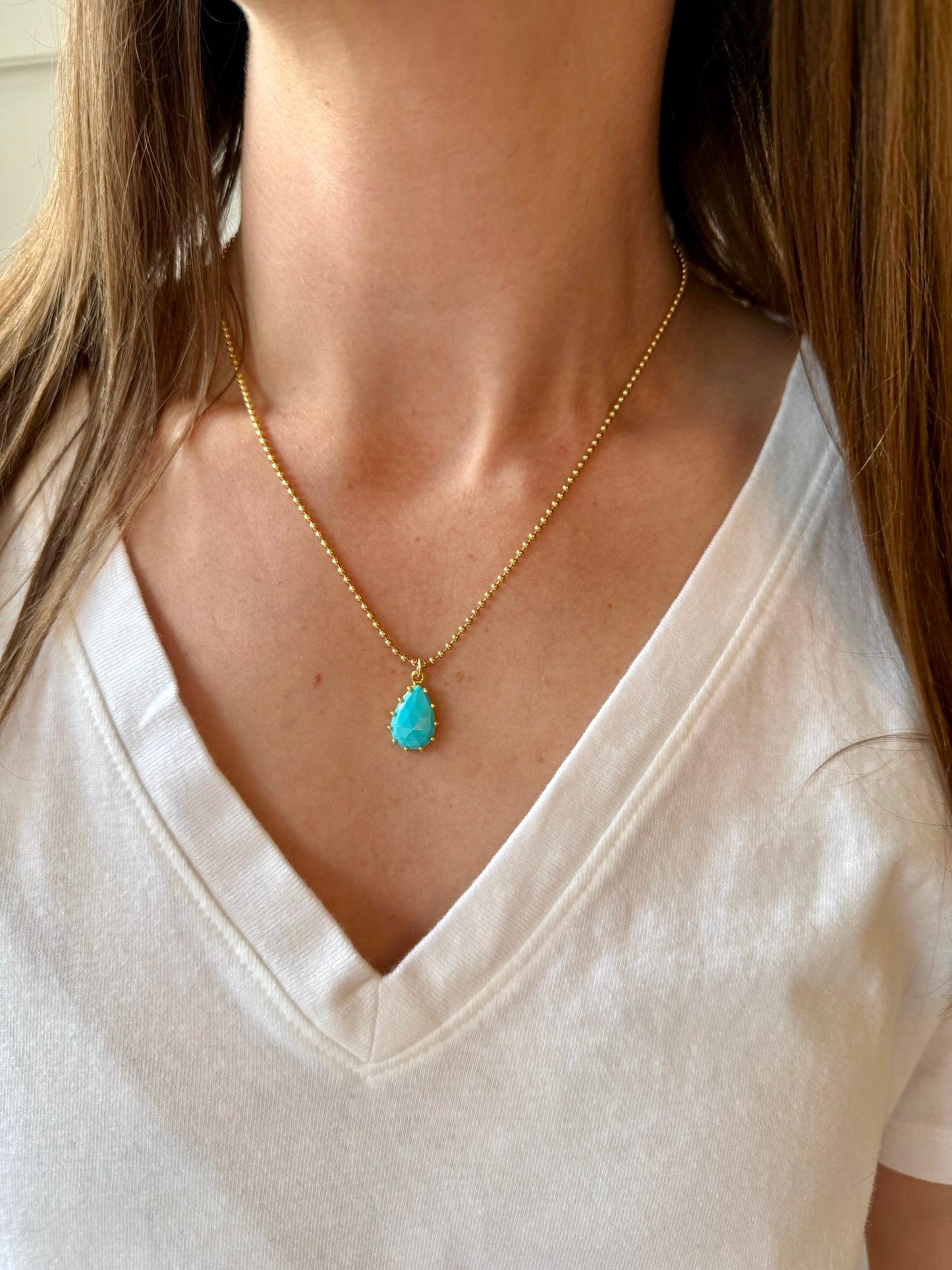 Sleeping Beauty Turquoise Teardrop Necklace - Gold Ball Chain
