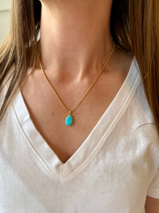 Sleeping Beauty Turquoise Teardrop Necklace - Gold Ball Chain